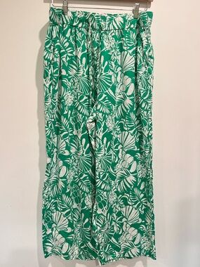 100% Linen Green & White Tropical Print Cropped Wide-Leg Pants Botanical Summer